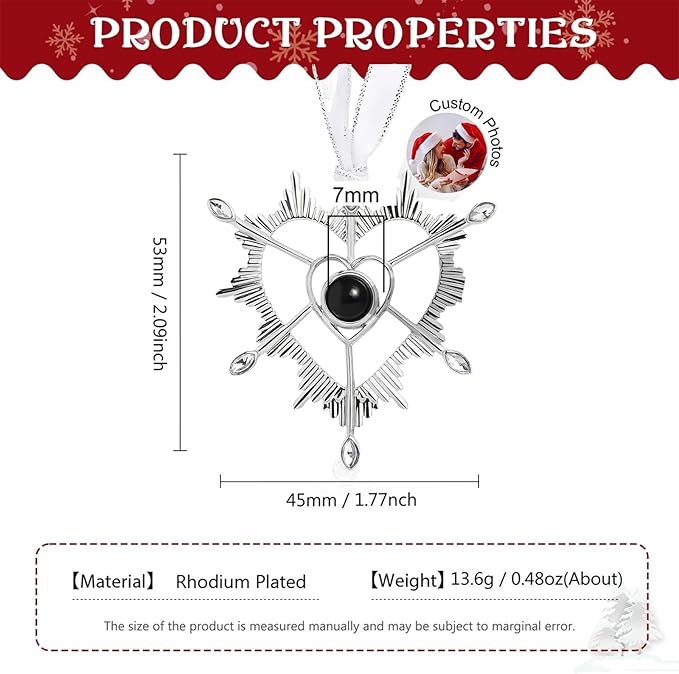 NAZENTI Personalized Christmas Tree Decoration, Custom Family Projection Ornament with Photo, Heart Ornament for Couple, Custom Ornaments with Image Inside for Tree Hanging Xmas for Family