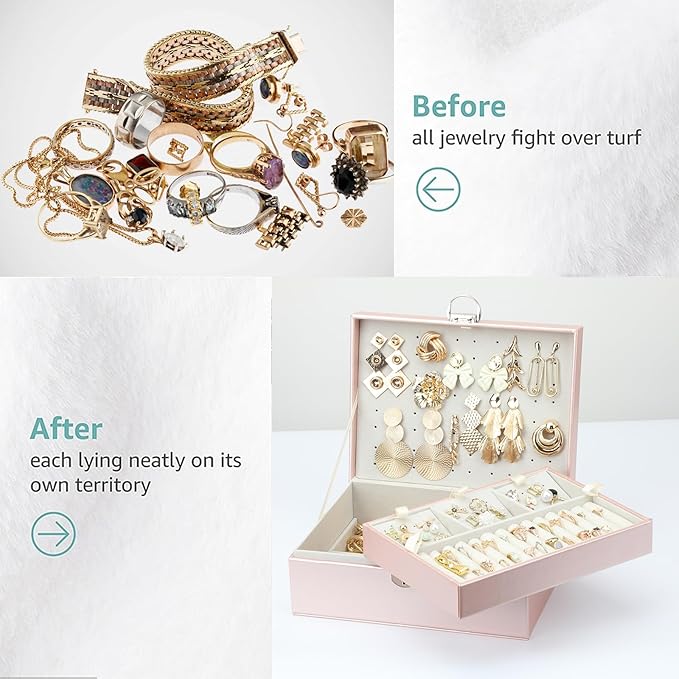 BOOVO Earring Jewelry Box For Women Girl Stud Organizer, 4 Layers Girl Jewelry Organizer Box With Lock Earring Holder Organizer Necklace Ring Jewelry Organizer Box For Girls (Rose Gold, 4 layer)