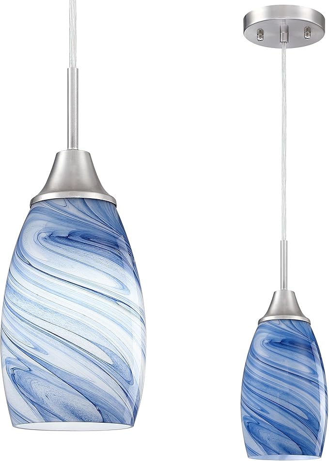 Mini Glass Pendant Light 1Pack Dark Blue Marble Art Glass Pendant Lights Kitchen Island Brushed Nickel Finish Hanging Light for Kitchen Over Sink,Dining Room,Foyer,Hallway
