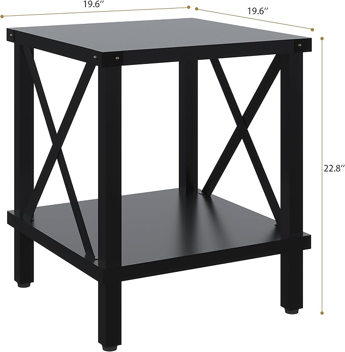 Large End Table Farmhouse Side Table Industrial Style Sofa Table Coffee Table Metal X Accent Wood End Table NightStand with Storage Shelf for Living Room Bedroom Black MLBZ16B
