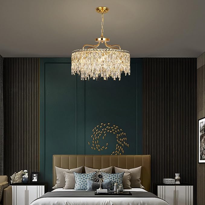 Gold Crystal Chandeliers for Dining Room Light Fixture, 24" Modern Round Chandeliers，8 Lights Luxury Ceiling Pendant Ceiling Lighting for Dining Room Bedroom Entryway Foyer Staircase