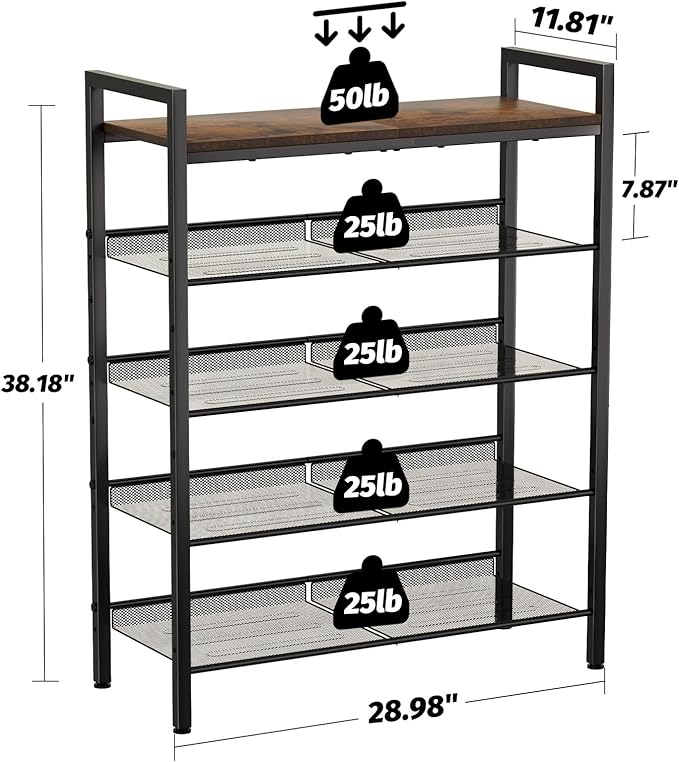Shoe Rack for Front Door Entrance, 5 Tier Shoe Rack for Entryway, 16-20 Pairs of Shoes, Metal Shoe Rack Organizer, Free Standing Shoe Rack for Closet (Black+Rustic Brown)