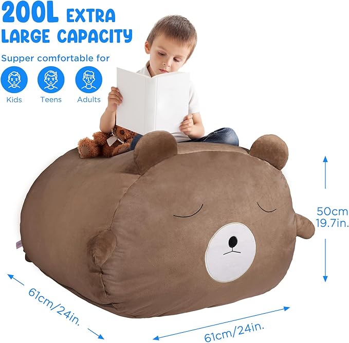 GAGAKU Stuffed Animal Bean Bag Cover Toy Storage, 24 Inches Kids BeanBag Brown Bear Large Zipper Bean Bag for Organizing Kids Plush Toys Home Supplies