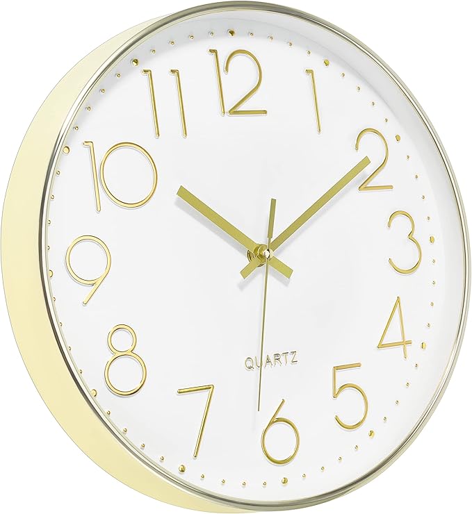 Foxtop Gold Wall Clock 12 Inch Silent Non-Ticking Battery Operated Round Modern Wall Clock for Living Room Bedroom Kitchen Home Office Decor