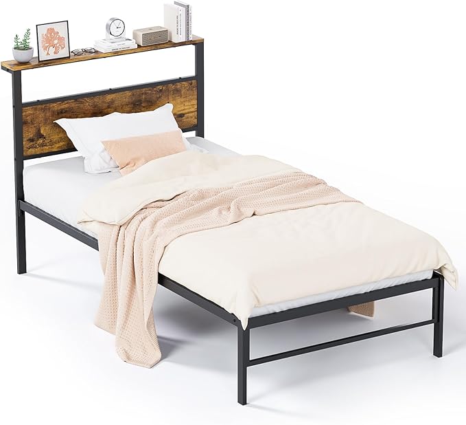 Weehom Twin Bed Frames with Headboard Shelf - Modern Twin Size Bed Frames with Wood Headboard, No Box Spring Needed Metal Platform Bed, Rustic Brown