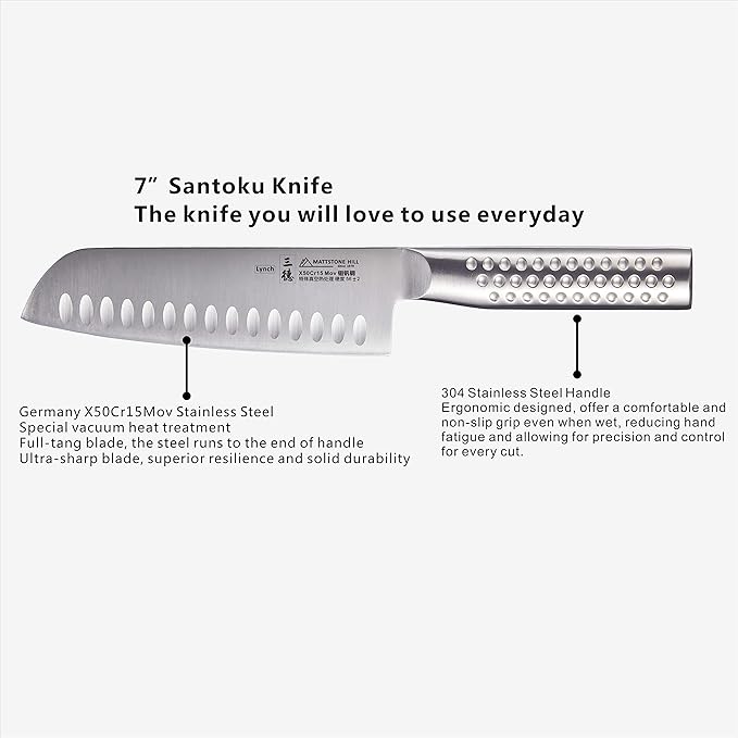 MATTSTONE HILL 7" Hollow Edge Asian Chef's Knife - German Steel, 304 Stainless Steel Handle