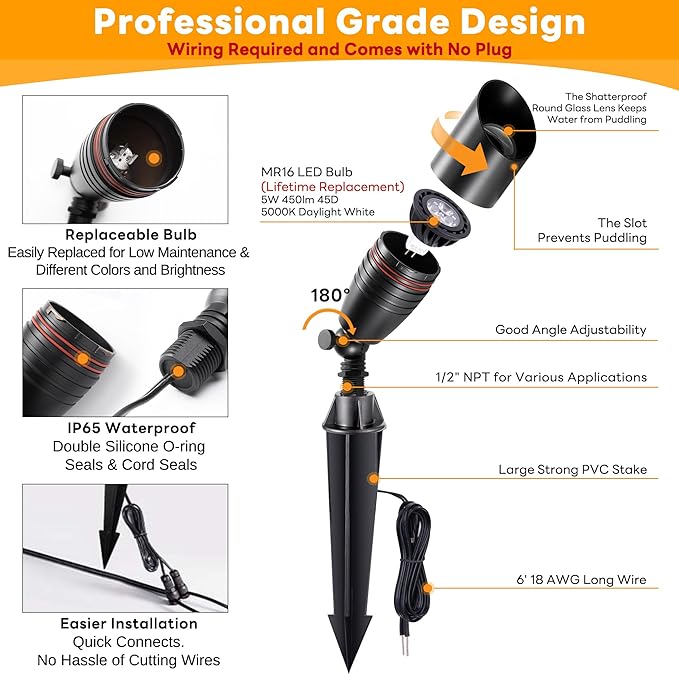 Die-Cast Brass Spot Light Outdoor - 12V LED Uplighting Waterproof, Low Voltage Landscape Lights Direct Wire, Black for Fence Fountain with Daytime White MR16 Replaceable Bulbs (12 Pack)