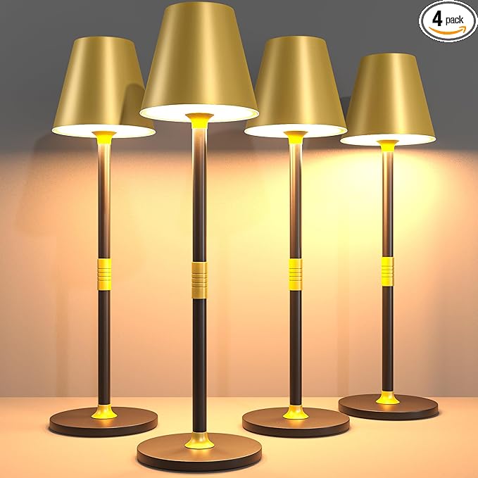 LED CordlessTable Lamp,4000mAh Rechargeable Battery Desk lamp,3 Level Brightness Beside Night Light, Minimalist Design, for Couple Dinner/Coffee Table/Restaurant/Bedroom(Gold&Black 4PACK)