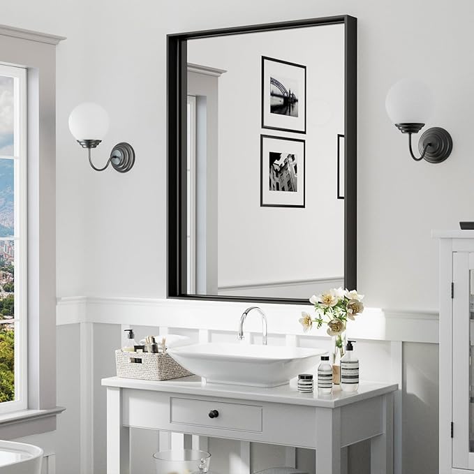 36"x 24" Black Bathroom Mirrors for Over Sink, Wall Vanity Mirror, Framed Rectangle Mirrors for Wall, Living Room Entryway, Anti-Rust, Tempered Glass Hangs Horizontally or Vertically