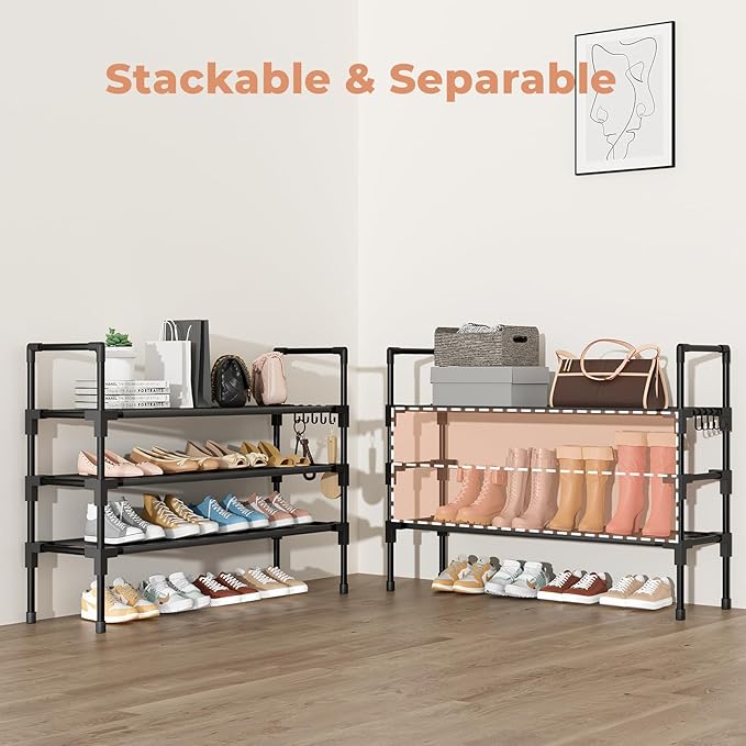 3 Tier Shoe Rack, Shoe Organizer Storage for 16-20 Pair Boot and Sneaker, Stackable Free Standing Shoe Shelf with Hooks and Side Pocket, Space Saving Shoes Rack for Closet, Entryway