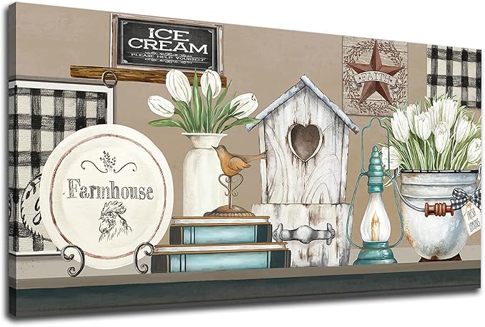 NINEASO Kitchen Wall Art Canvas - Rustic Country Pictures Farmhouse Wall Art Decor Vintage Objects Painting Artwork Retro Prints for Living Room Bedroom Home Decorations 20" x 40"