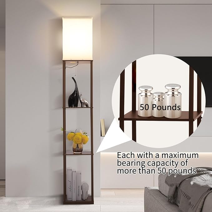 Floor Lamp with Shelves, Modern Square Standing Lamp with 3 Color Temperature Bulb, Corner Display Bookshelf Lamp for Living Room, Bedroom and Office (Brown-9)