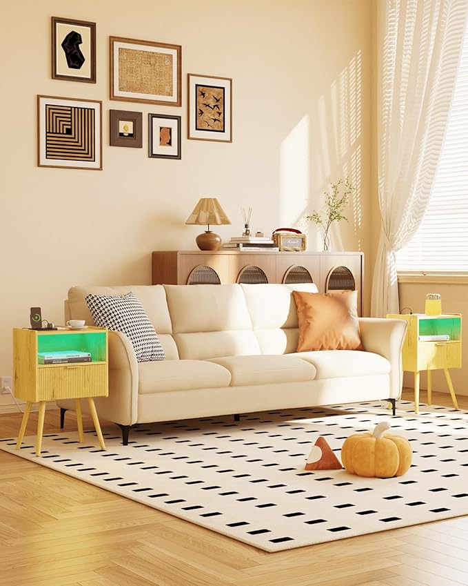 Nightstand, Modern Side Table with Charging Station and LED Lights