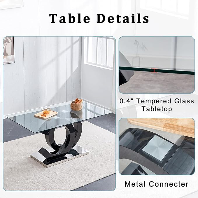 gopop 63'' Modern Glass Dining Table, Clear Glass Top with Black Unique Design Leg and Silver Metal Base, Seats 4-6, 63 x 35.4 x 30 inches