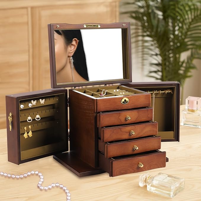 SHZICMY 5 Layers Solid Wooden Jewelry Boxes With Mirror,Vintage Jewelry Storage Organizer for Bracelet Necklace Ring Storage