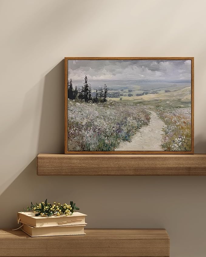 InSimSea Framed Wall Art for Living Room Vintage Landscape Decor Meadow Path Flowers Paingting Wall Decor Aesthetic Cloudy Farmhouse Art Canvas Print Home Decor for Bathrrom, Bedroom Décor 12x16In