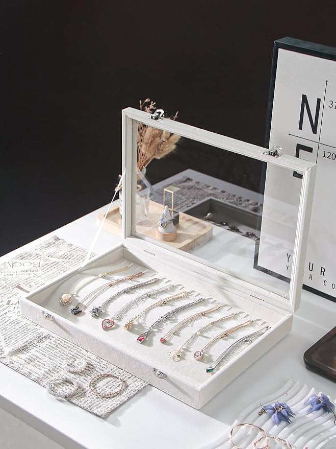 Coward 20 Hooks Necklace Organizer Jewelry Box, Dustproof Necklace Display Holder Case, Beige Velvet Necklace Display Tray Case with Transparent Glass Lid for Women Girls