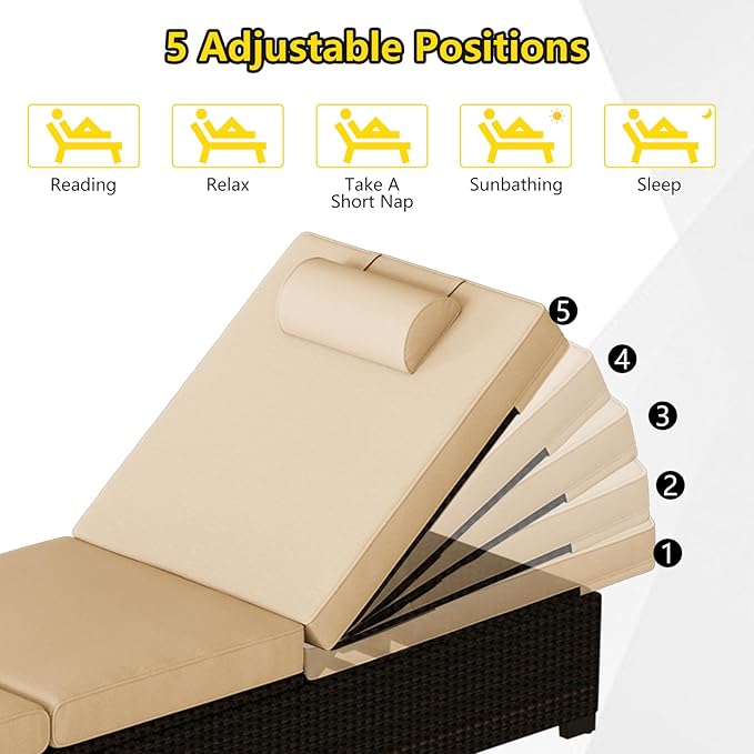 Outdoor Patio Rattan Chaise Lounge,Reclining Adjustable Pool Chaise Lounge Chair with Cushion,PE Wicker, Steel Frame, Sunbathing Chair for Beach, Yard, or Poolside, Set of 2 (Brown)