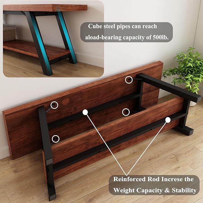 IBF Natural Real Wood Entryway Bench, Solid Wood Storage Bench, Industrial Bedroom Bench in Entry Way Hallway Foyer Rack, Modern Shoe Bench Seat for Living Bed Room Indoor, Rustic Brown, 47 Inch