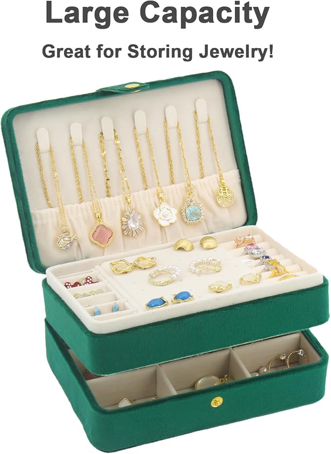 KOOAAICCHI Small Jewelry Box, Travel Jewelry Organizer, Portable Jewelry boxes for Women Girls Gift, Double Layers PU Leather Jewelry Holder for Rings, Earrings, Necklaces- Velvet Green