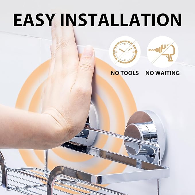 LEVERLOC Shower Caddy Suction Cup, 2 Pack Shower Shelves for Inside, Silver Rustproof Metal Bathroom Storage NO-Drilling Bathroom Organizer with Large Capacity, Heavy Duty Storage Basket