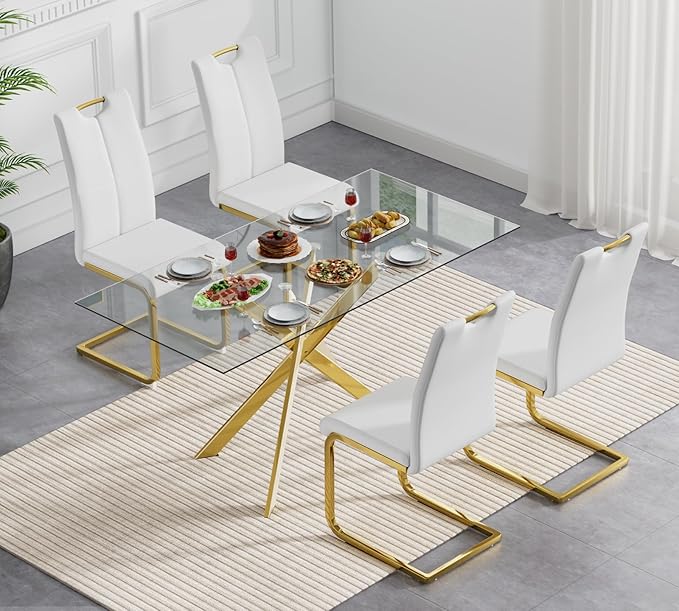 Goujxcy Gold Dining Table Set for 4, Glass Kitchen Table with Chair Set, Modern 51" Rectangle Glass Dining Table and 4 White PU Leather Chairs with Metal Frame for Kitchen Dining Room