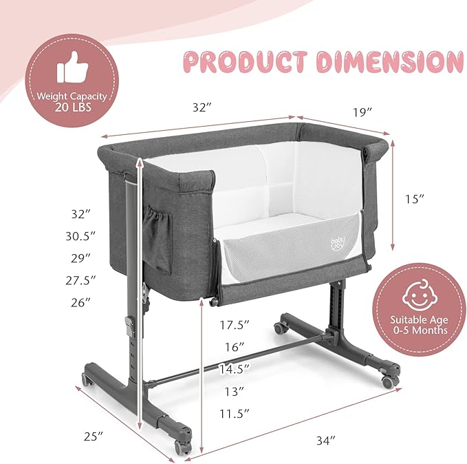 BABY JOY Bassinet Bedside Sleeper, 3 in 1 Folding Crib w/Adjustable Height, Mattress, Lockable Wheels, Storage Pocket & Carry Bag for Infant Newborn, Stationary & Rock, Portable Baby Bassinet (Grey)