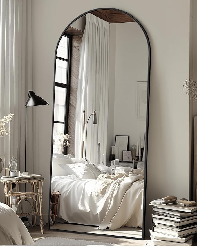 Antok Full Length Mirror, 21"x58" Floor Mirror with Stand, Hanging Mounted Mirrors for Bedroom, Living Room, Cloakroom, Dining Room, Black, Arched