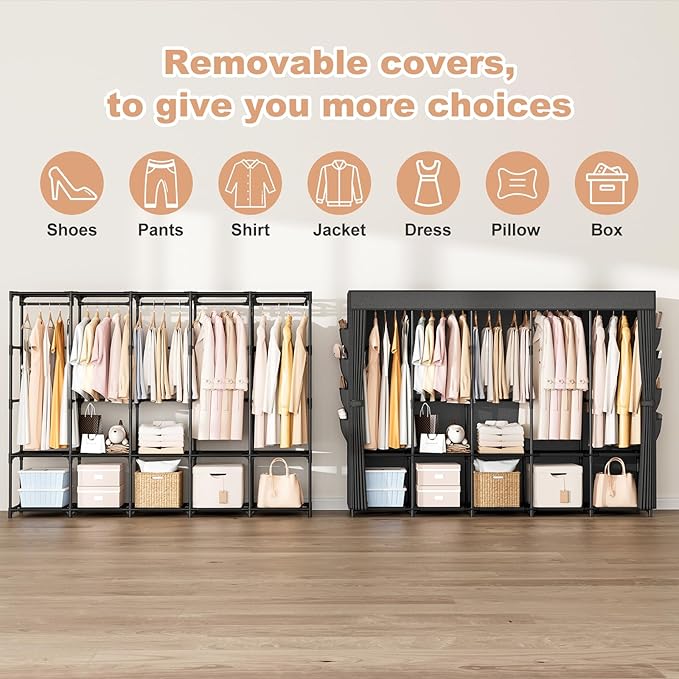 Portable Closet Storage, Portable Wardrobe Closet Organizer Clothes Rack wtih Cover, Hanging Rod, Storage Shelves and Side Pockets, Large Portable Closets for Hanging Clothes, Black