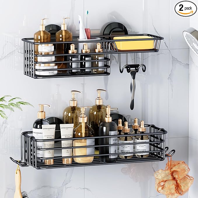 LEVERLOC Shower Caddy Suction Cup, 2 Pack suction shower shelf with Hooks & Soap holder, NO-Drilling Bathroom Holder, Rustproof bathroom organizer, Black