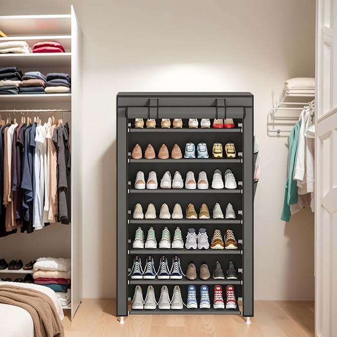 Laiensia 7-Tier Vertical Shoe Rack Organizer, Space Saving Shoe Storage Organizer, Non-Woven Cover Shoe Shelf Holds 28-35 Pairs for Bedroom, Hallway, Closet Entryway, Grey
