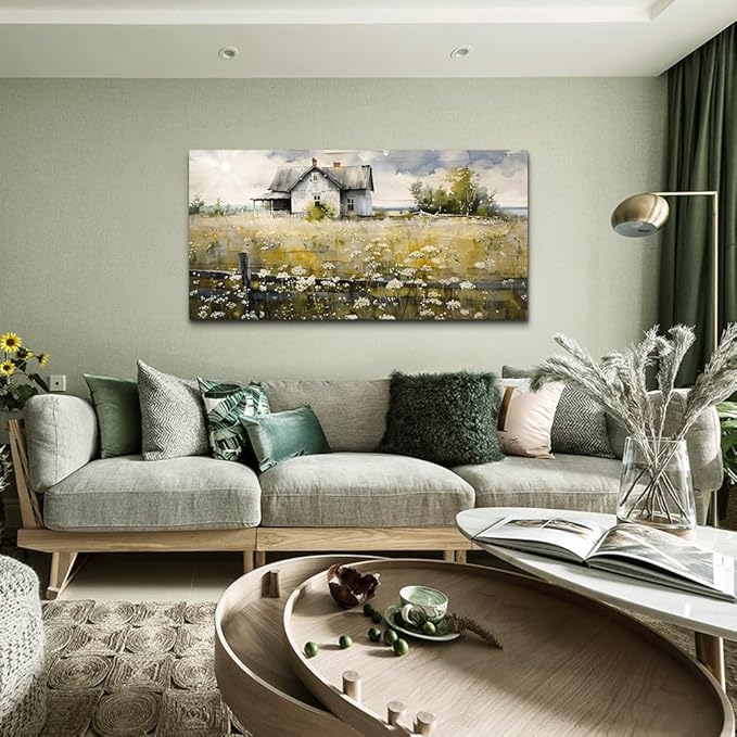 FUHAIHUA Framed Wall Decor Living Room Aesthetic Canvas Wall Art For Bedroom Office Wall Decorations Rural Landscape Paintings Farmhouse Watercolor Pictures Mural Artwork Room Home Decor 20x40 In
