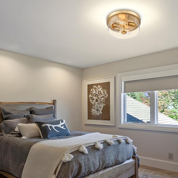 Gold Flush Mount Ceiling Light, 2-Light Hallway Light Fixtures, Modern Farmhouse Farmhouse Ceiling Light Clear Glass Brushed Gold Finish for Kitchen Porch Entryway