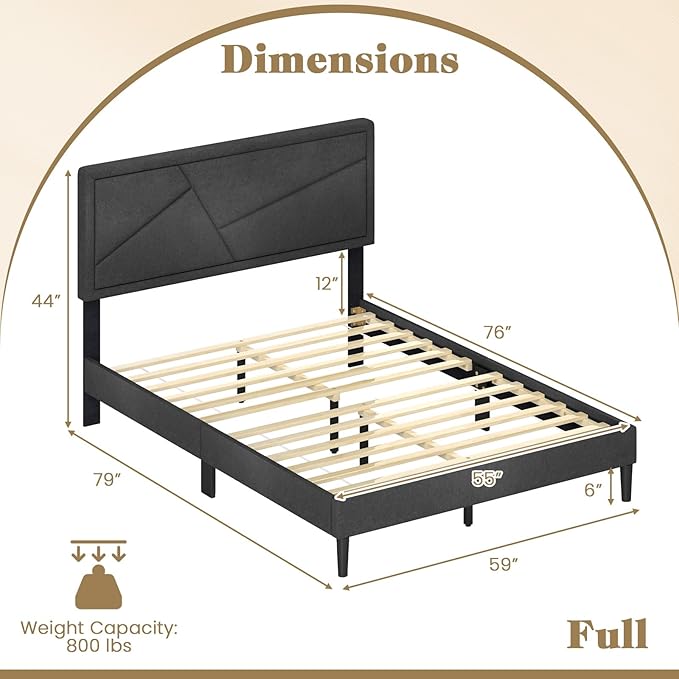 Giantex Full Size Platform Bed Frame, Modern Upholstered Bed Frame with Geometric Tufting Headboard, Wooden Slats Support, No Box Spring Needed, Gray