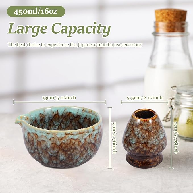 2Pcs Ceramic Matcha Bowl and Whisk Holder Set Easy to Use Tea Bowl and Whisk Stand Easy to Clean Matcha Tea Mixing Tool for Lover.(Kiln turns coffee,2PCS)