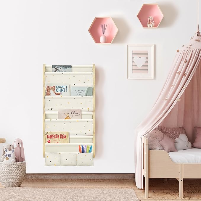 Wooden Wall Mounted Bookshelf for Kids Rooms, 4 Tier Floating Nursery Book Shelf, Kids Bookshelf with 2 Pockets, Toddler Sling Book Rack with Deep Sleeves (Terrazzo)