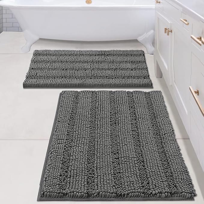 H.VERSAILTEX 2 Piece Bathroom Set - Super Absorbent Chenille Striped Bath Mats, Non Skid, Machine Washable - Grey, 24 x 36 Plus 20 x 32 Inches