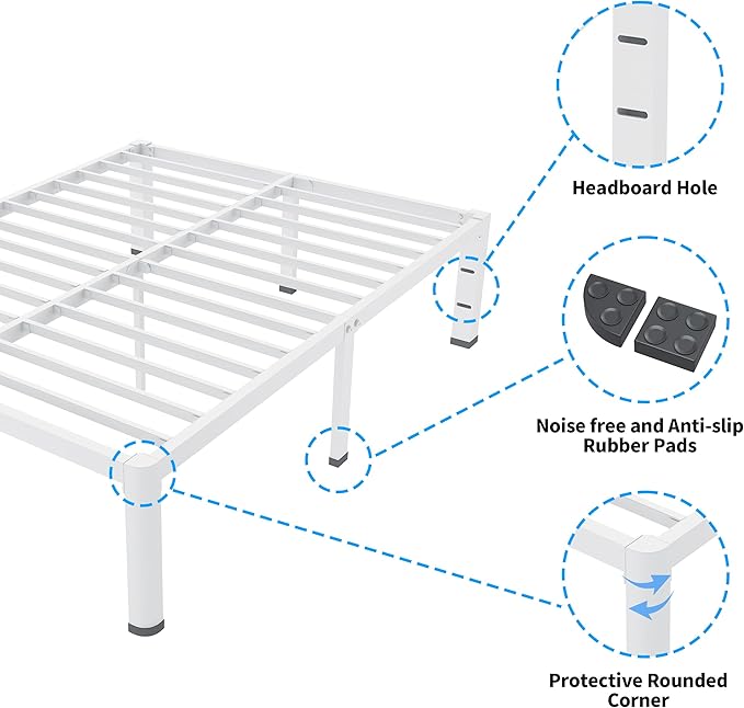 ROIL 18 Inch White Full Size Bed Frame with Rounded Corner and Headboard Hole Mattress Retainers 3500LBS Heavy Duty Steel Slats No Box Spring Needed Platform Noise-Free Easy Assembly