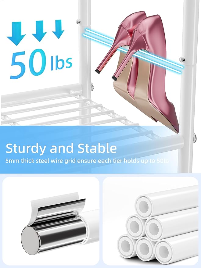 6-Tier Shoe Rack, 27" Wide Shoe Organizer for Closet, 24 Pairs Large Metal Shoe Shelf, Entryway, Bedroom, White