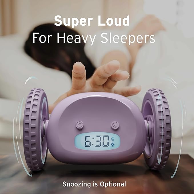 CLOCKY Extra Loud Alarm Clock for Heavy Sleepers on Wheels Rolls Runs Away Vibrating, Easy To Set Super Smart Snooze Digital Bed Shaker Alarm Clock Funny Gift for Adults Kids Teens Bedrooms (Lavender)