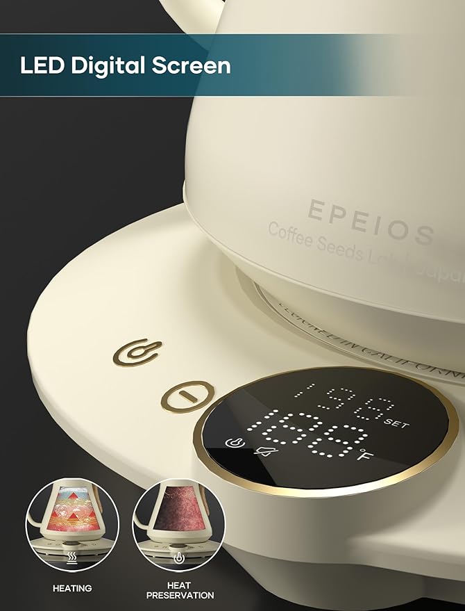 Electric Kettles, INTASTING Gooseneck Electric Kettle, ±1℉ Temperature Control, Stainless Steel Inner, Quick Heating, for Pour Over Coffee, Brew Tea, Boil Hot Water, 0.9L (Morandi White)