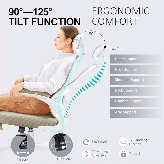 Ergonomic Office Chair,Ultra Thick Office Desk Chair with Adjustable Lumbar Support and Headrest,Spring Cushion,Rocking Function,Flip-up arms,Mesh Computer Chair for Home Office,Khaki