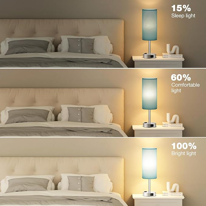Turquoise Nightstand Table Lamp for Bedroom - 3 Way Dimmable Touch Lamp USB A and C Charging Ports and AC Outlet, Small Lamp for Office Desk with Metal Base, LED Bulb Included