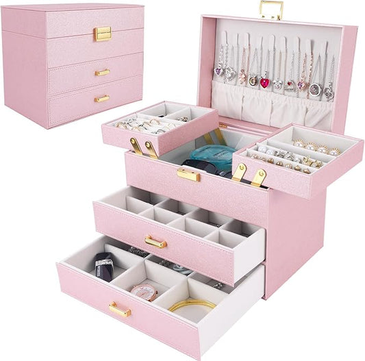 Dajasan Jewelry Boxes for Women Girls, Jewelry Storage Organizer, 4 Layers Large Jewelry Organizer Box with 2 Drawers for Friends, Wife or Mother Gift (Pink)
