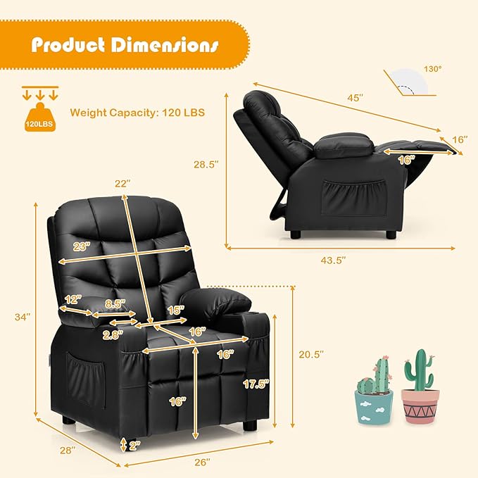 Kids Recliner, Kids Recliner Chair w/ 2 Cup Holders, PU Leather Kids Chairs Compy w/Adjustable Backrest & 3 Pockets, Toddler Furniture Sofa for Boys Girls Aged 3+ (Black)