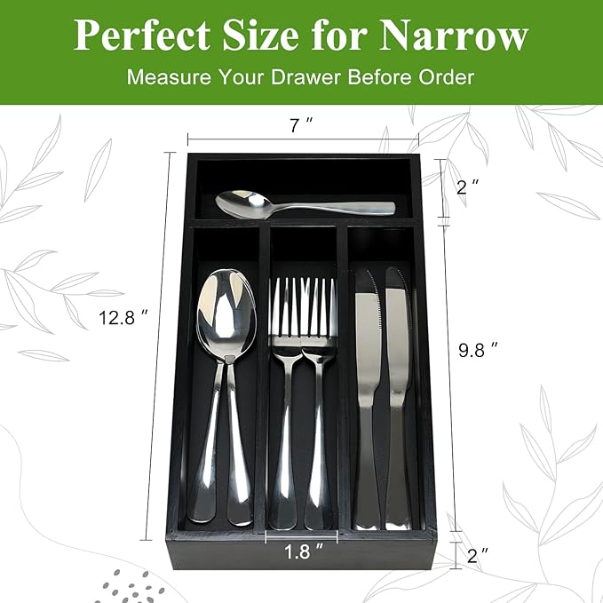 Ayiaren Small Wooden Silverware Organizer Tray Narrow Kitchen Drawer Dividers Utensil Organizers and Storage Black Cutlery Trays Spoon Flatware Organizer for Drawer Bamboo Cutlery Utensil Holder Tray