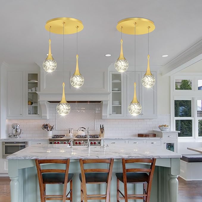 Flashing God 3 Pendant Lights Gold Farmhouse Light Fixtures Kitchen Island Lighting Small Crystal Hanging Chandeliers Modern Ceiling Pendant Light for Dinning Room Bedroom Hallway Bar