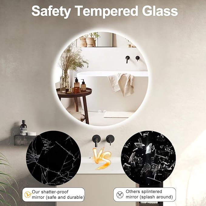 32 Inch Round LED Bathroom Mirror Backlit Anti-Fog Wall Mounted Lighted Bathroom Vanity Mirror 3 Colors Light Dimmable Smart Makeup Mirror with Touch Switch
