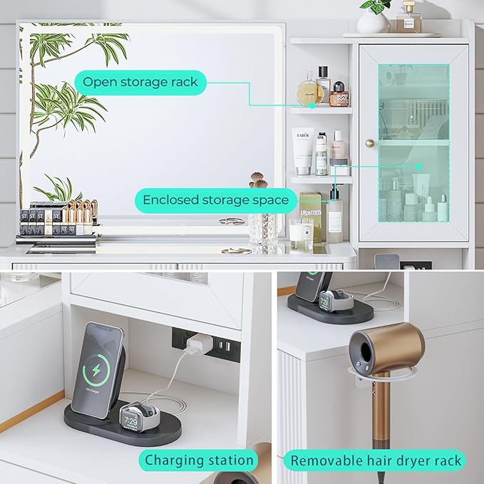 LINSY Vanity with Glass Top, White Makeup Vanity with Mirror and Lights, Large Vanity Desk with Storage, Drawers, Cabinet and Outlet, Modern Fluted Vanity Table for Bedroom, Women, Girls