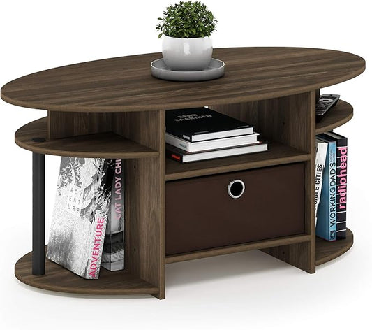 Furinno Jaya Simple Design Oval Coffee Table with Bin for Living Room, Columbia Walnut/Black/Dark Brown